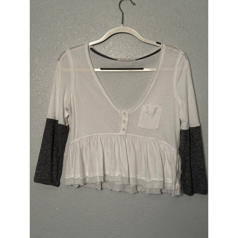 We The Free Free People Babydoll Top XS White Grey Colorblock Snap V-Neck Cotton